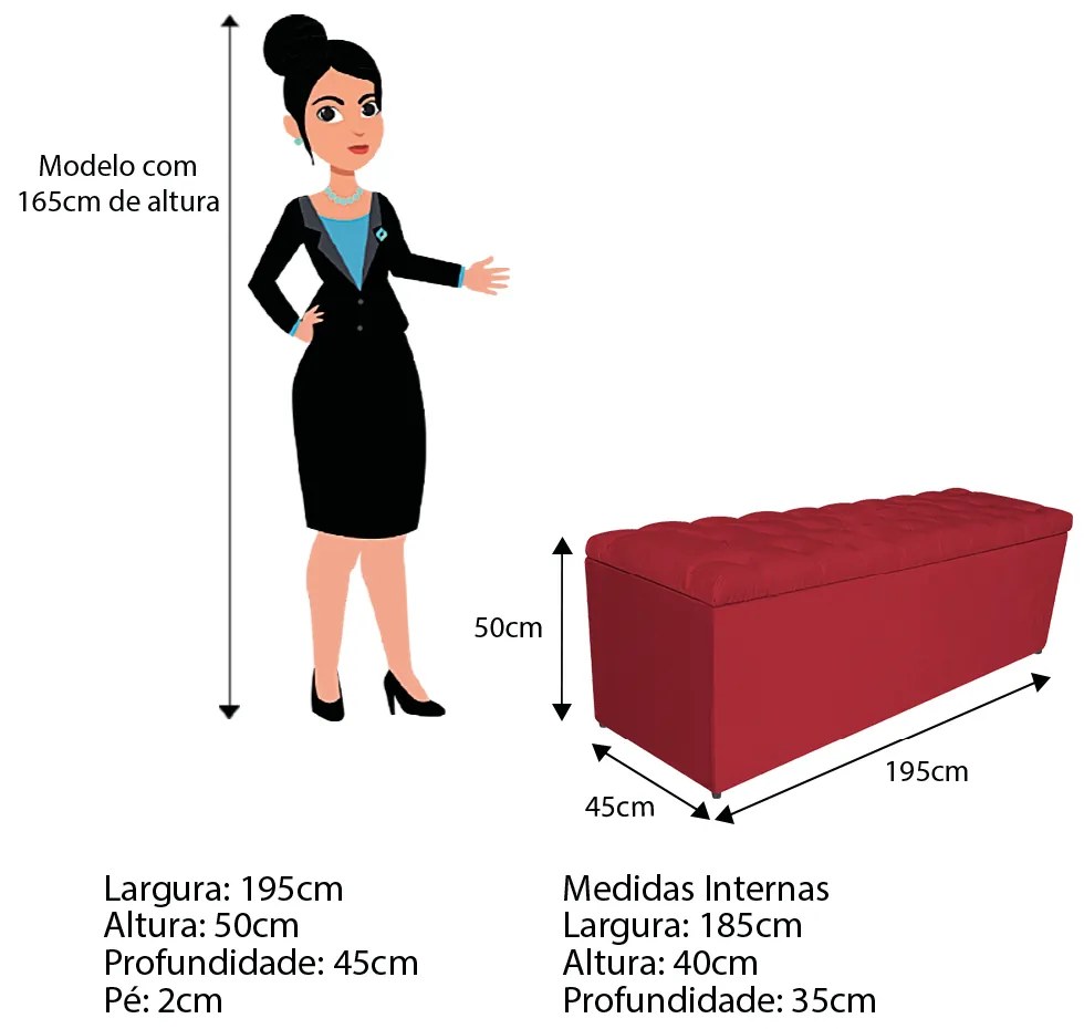 Calçadeira Estofada Liverpool 195 cm King Size Suede Vermelho - ADJ Decor