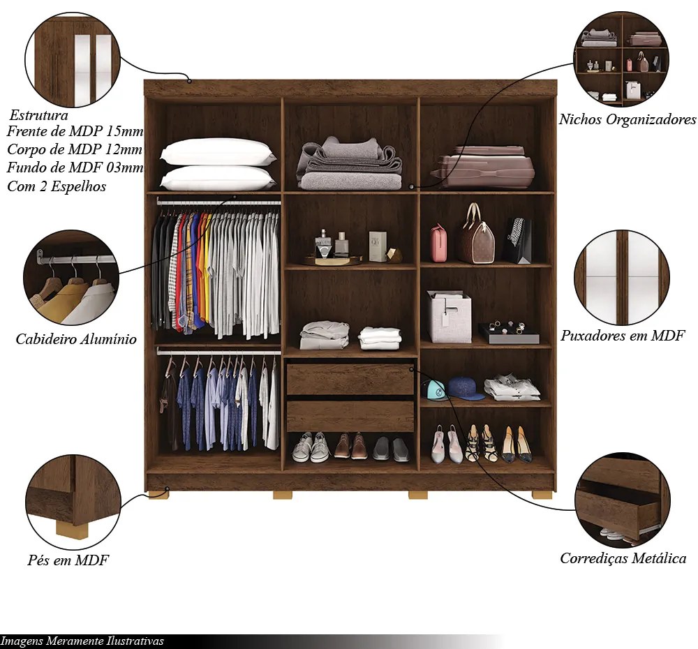 Guarda Roupa Casal Doral 6 Portas de Bater 2 com Espelhos 2 Gavetas Nogueira G98 - Gran Belo