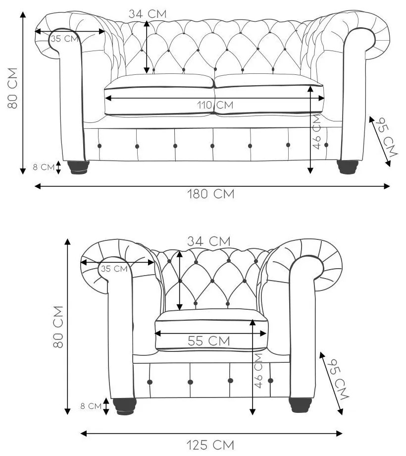 Conjunto de Sofás Sala de Estar Chesterfield Pés Madeira Couro Conhaque Brilho G40 - Gran Belo