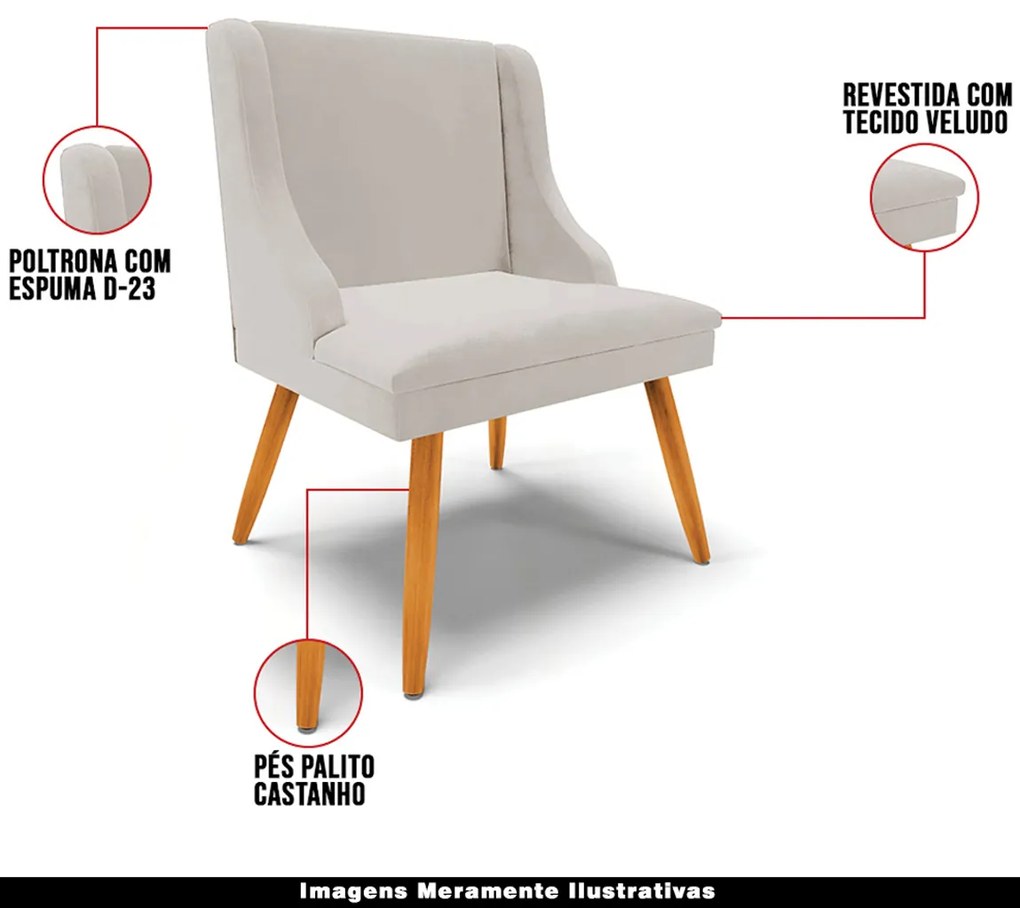 Poltrona Decorativa Pés Palito de Madeira Firenze Veludo Cinza/Natural G19 - Gran Belo