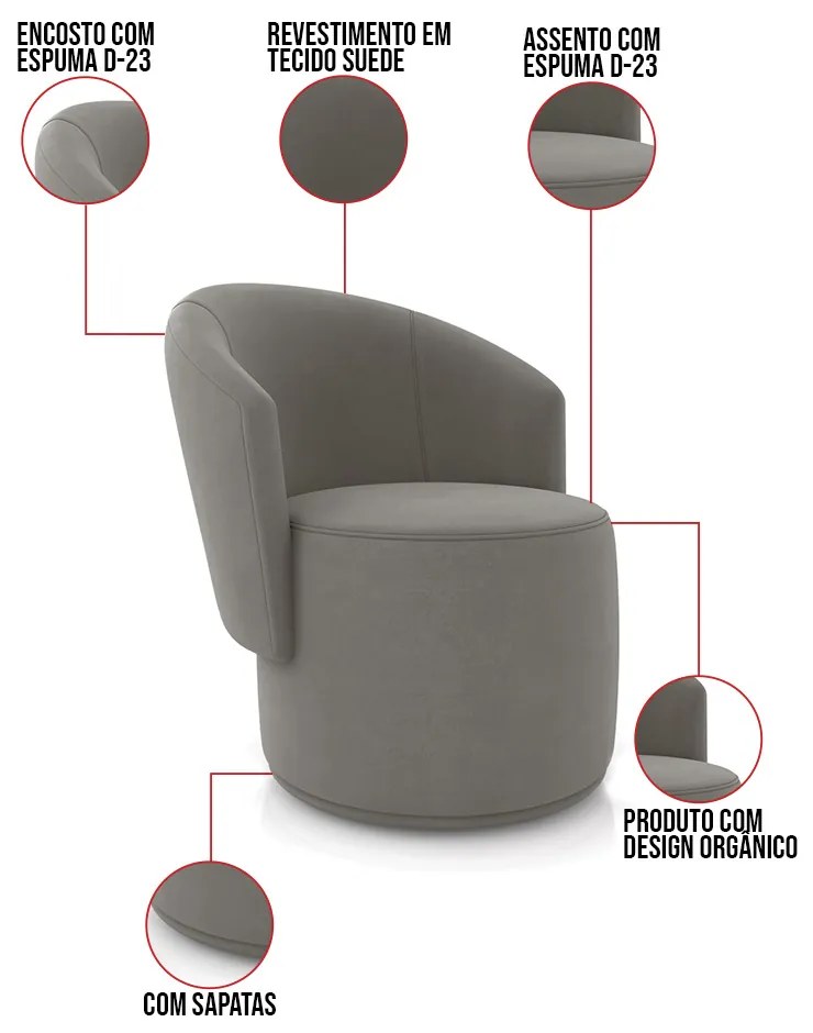 Poltrona Decorativa Orgânica Fixa para Sala Kit 2 Malu Suede M11 - D'Rossi - Grafite