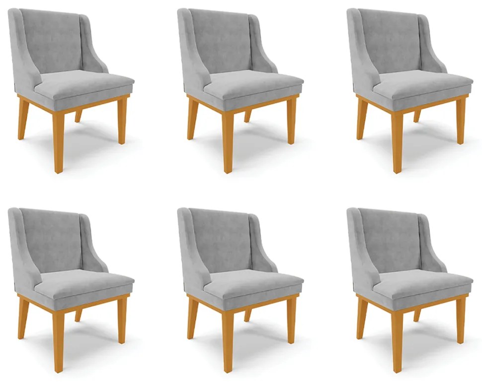 Kit 6 Cadeiras Decorativas Sala de Jantar Base Fixa de Madeira Firenze Suede Cinza/Castanho G19 - Gran Belo