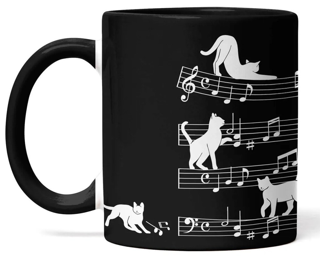 Caneca Gatos Musical Cat Lover Nerd Preto com Alça Preta