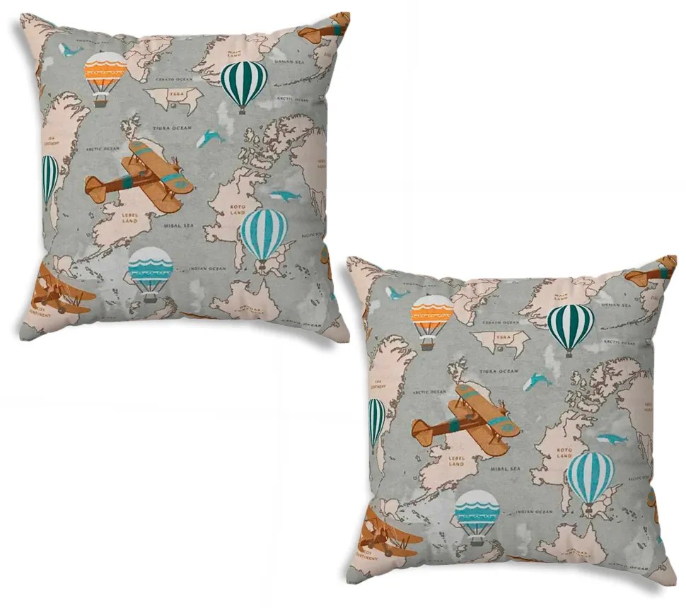 Kit 02 Capas para Almofada Tecido Estampado Mapa Mundi D75 42x42 cm - D'Rossi