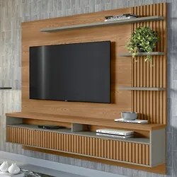 Painel Suspenso para TV até 65 Pol. 2 Portas Ripadas Aruna L06 Amêndoa