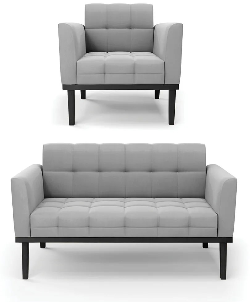 Conjunto Poltrona e Namoradeira Decorativa Karen Pés Fixo em Madeira Preto Suede Cinza G19 - Gran Belo