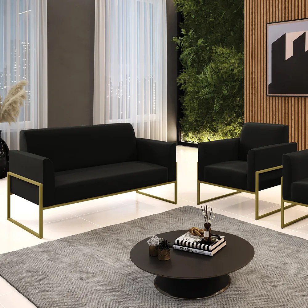 Sofá Namoradeira com Poltrona Base Industrial Alta Dourado Marisa Suede D03 - D'Rossi - Preto
