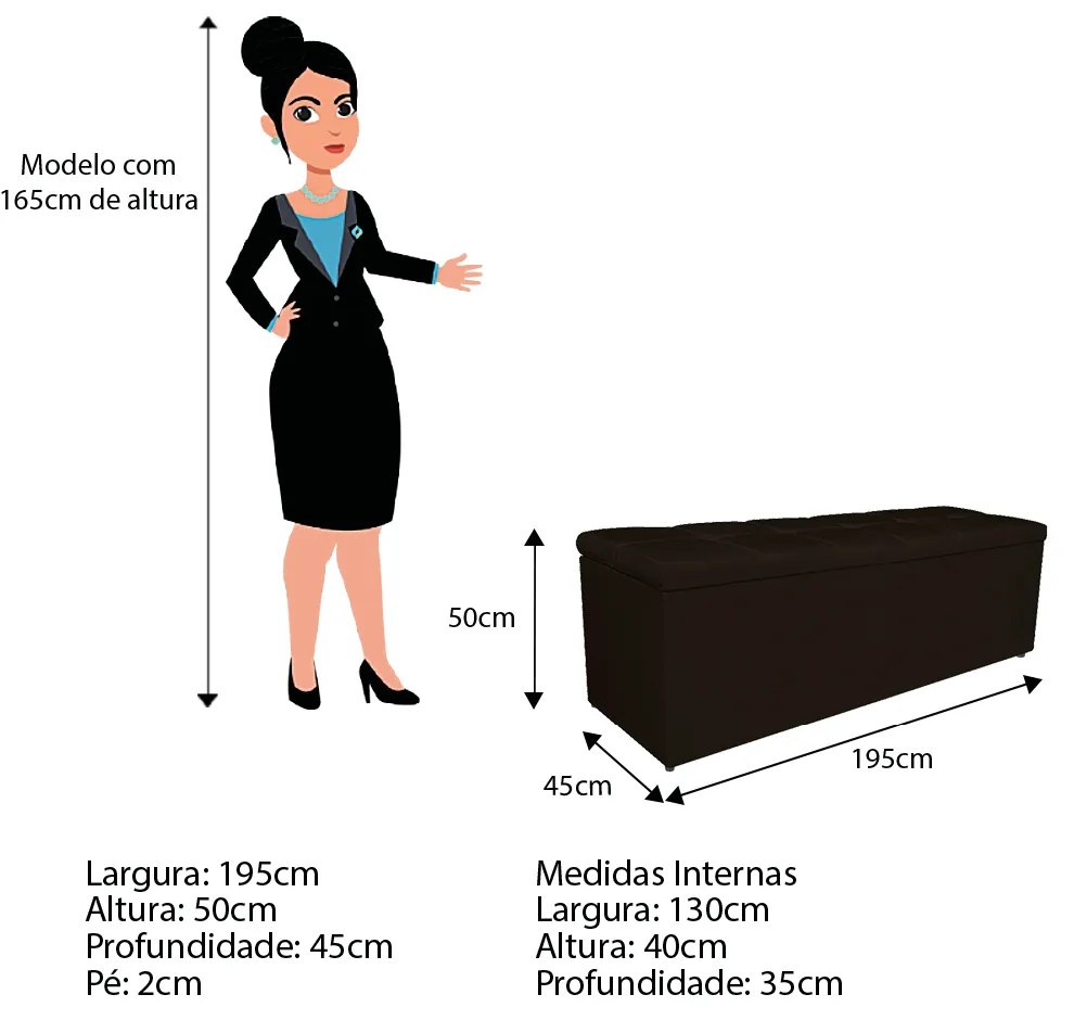 Calçadeira Estofada Manchester 195 cm King Size Corano Marrom - ADJ Decor