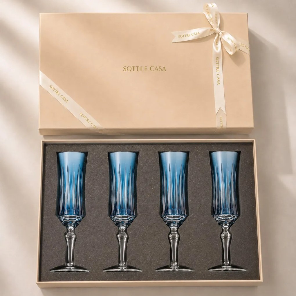 Kit 4 Taças de Cristal Flauta Lapidado 66 p/ Champanhe c/ Caixa de Presente - Azul Claro Azul Claro
