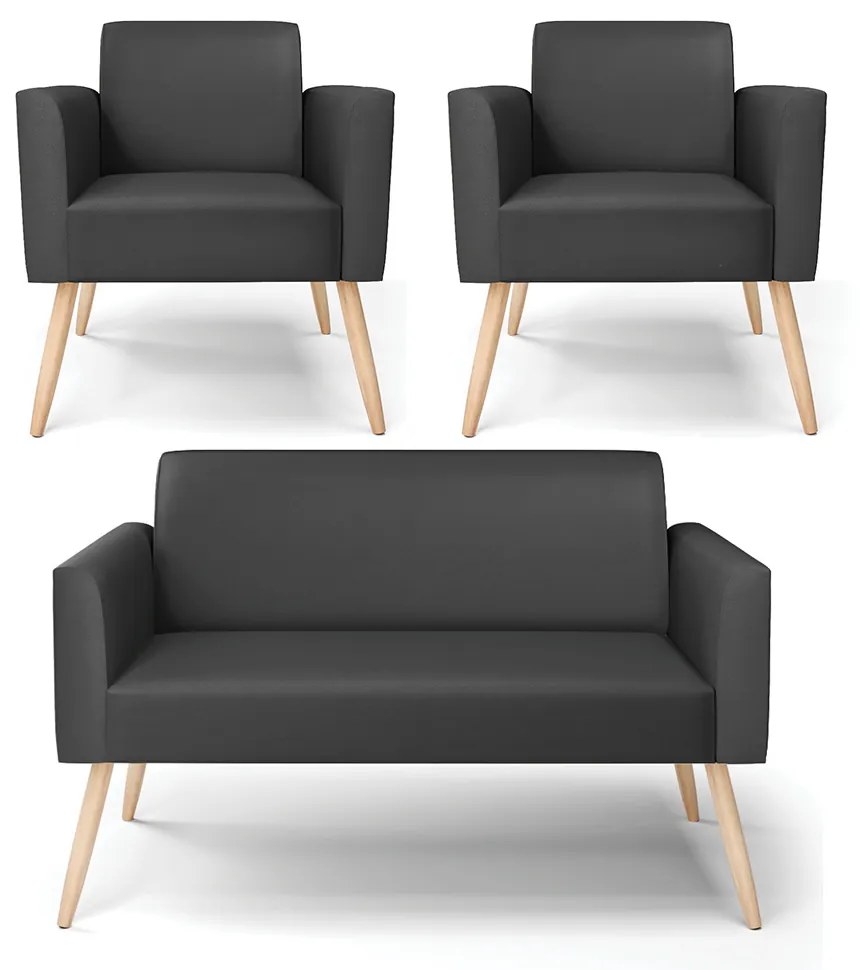 Sofá Namoradeira com 2 Poltronas Pés Palito Natural Marisa Corino D03 - D'Rossi - Preto