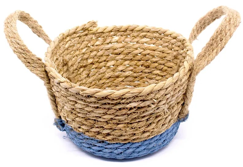 Cesto de Fibra Natural Seagrass Com Fundo Azul 13,5x21x23 cm - D'Rossi