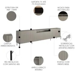 Rack TV 75 Pol 220cm 4 Portas Brise Blen Grigio/Preto I06 - Mpozenato