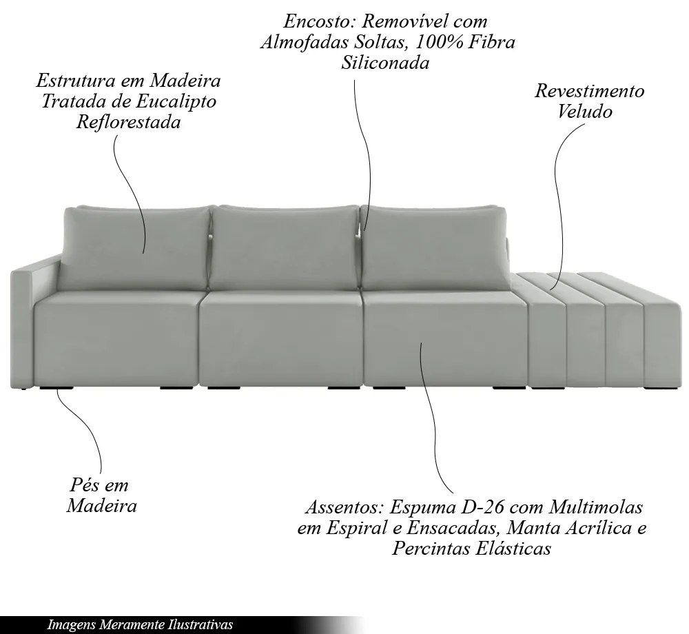 Sofá Ilha Modulado Milos 342cm Puff Lateral Veludo Cinza G33 - Gran Belo