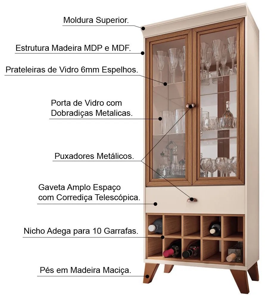 Conjunto Cristaleira Bar Adega e Buffet Aparador Balcão Albâni/Andorra Off White/Nature G26 - Gran Belo
