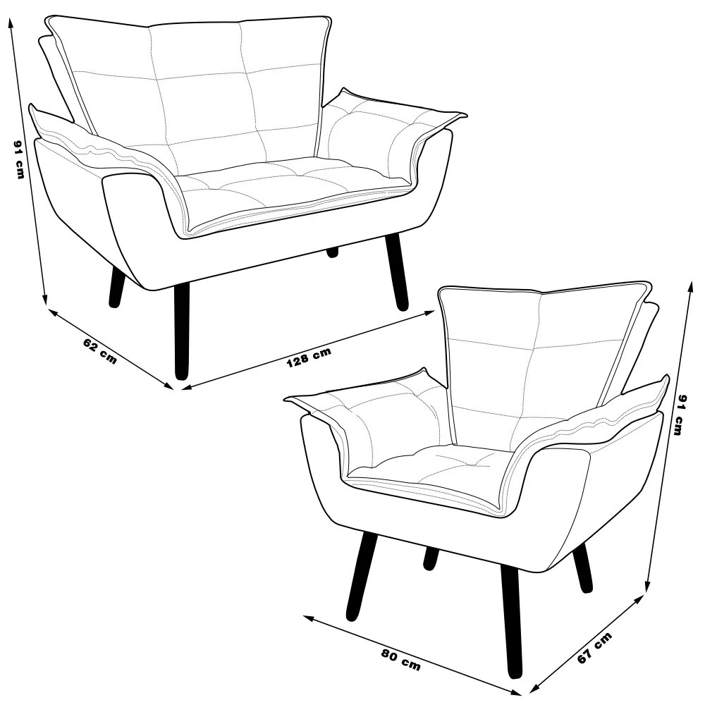 Conjunto 2 Poltronas e 1 Namoradeira Pés Palito Charger Suede Marrom G19 - Gran Belo