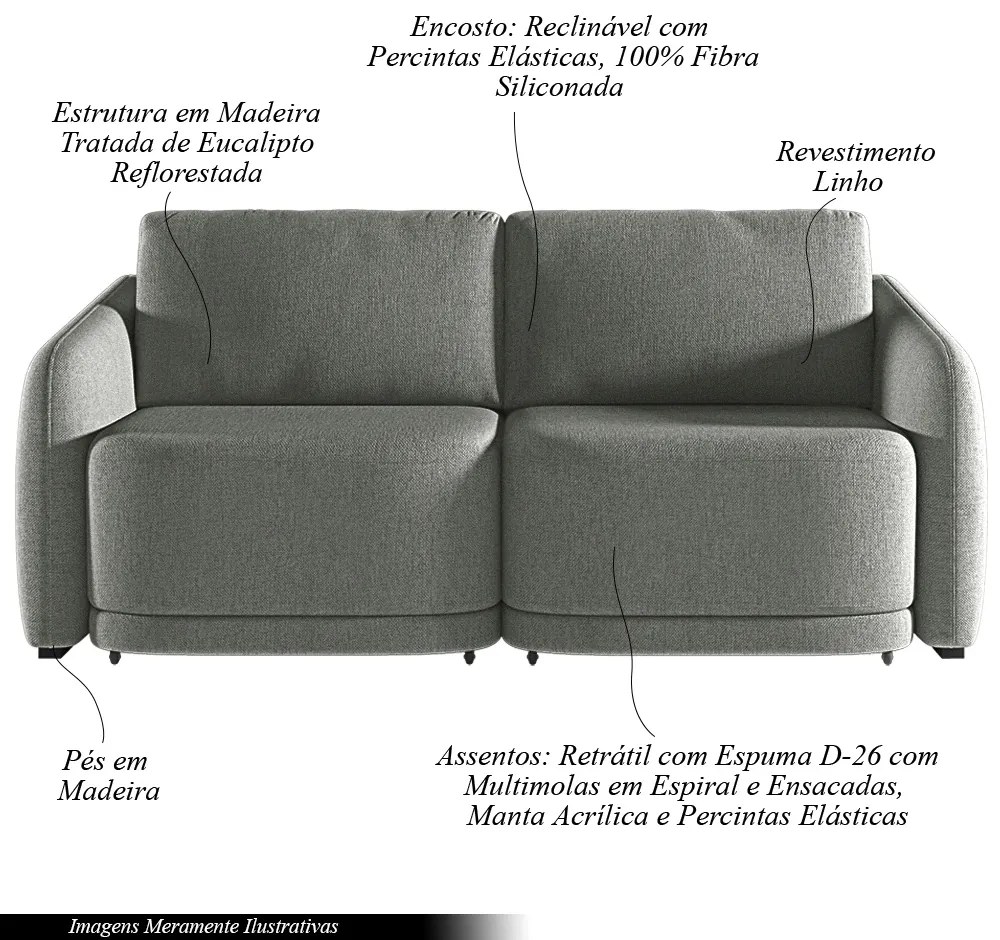 Sofá Cama Modulado Retrátil e Reclinável Decorativo Varsóvia 236cm Linho Cinza Chumbo G33 - Gran Belo
