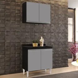 Armário Aéreo Califórnia e Balcão Hawai com Tampo 80cm Preto/Cinza - L
