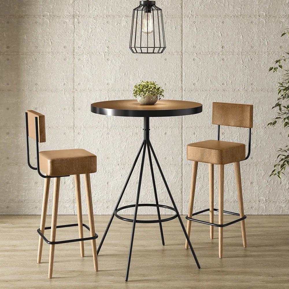 Mesa Bistrô Alta Dhalia e 2 Banquetas 70cm Barcelona PU S02 - D'Rossi - Caramelo