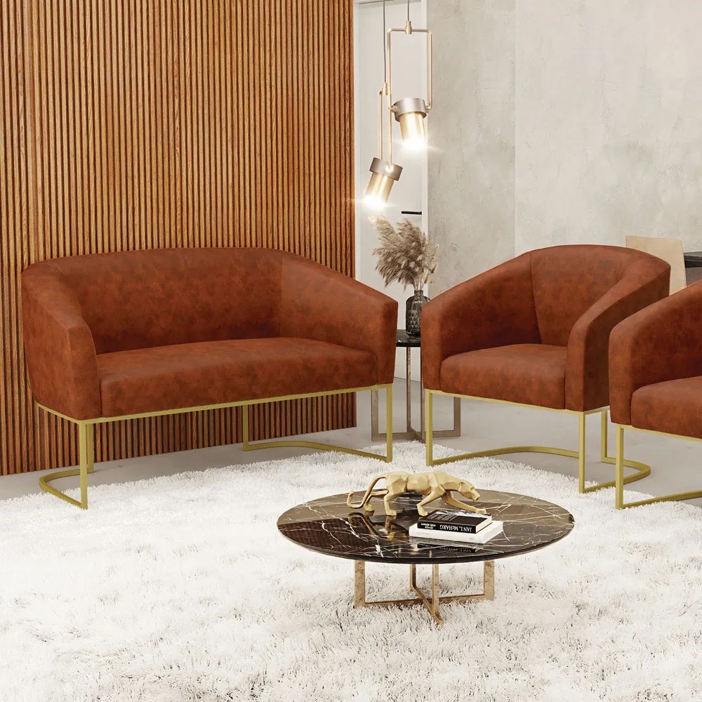 Sofá Namoradeira e Poltrona Industrial Dourado Stella Sint PU D03 - D'Rossi - Nozes