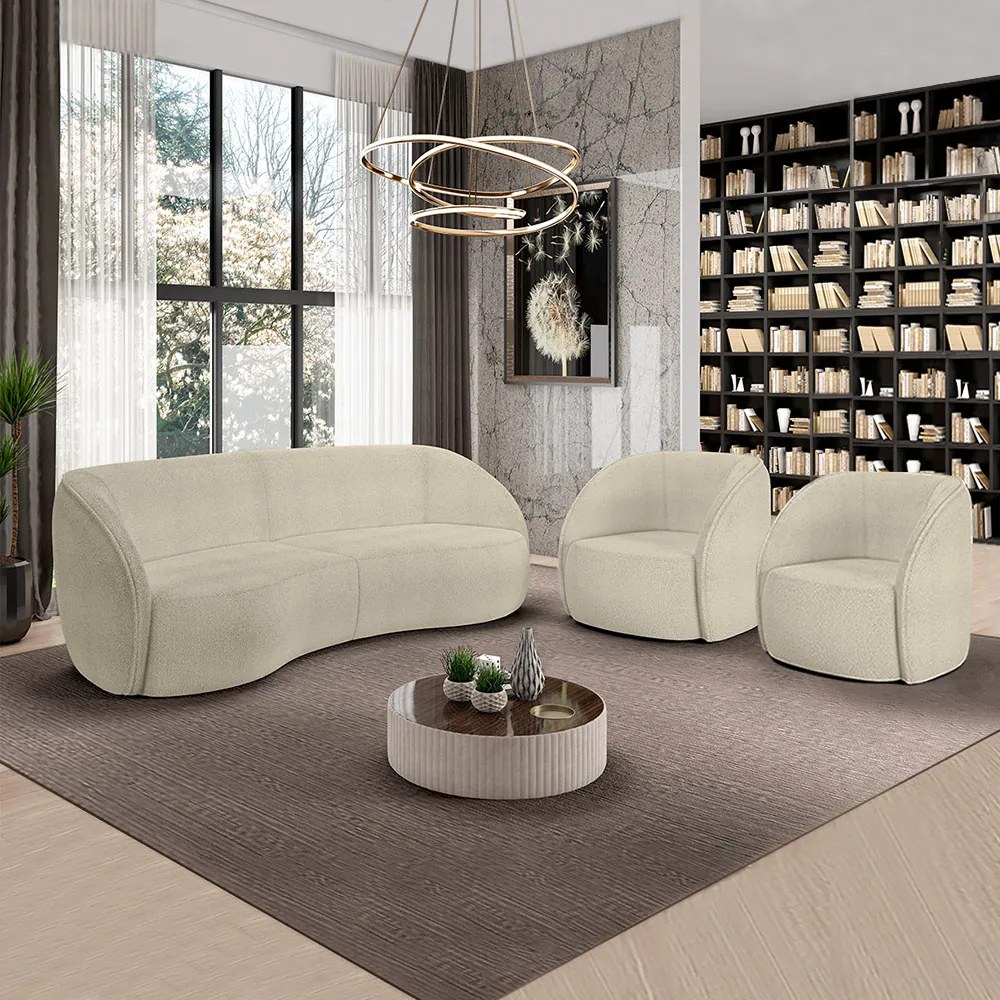 Conjunto Sofá Sala de Estar Bipartido 240cm e 2 Poltronas Clarke Bouclê Bege G45 - Gran Belo