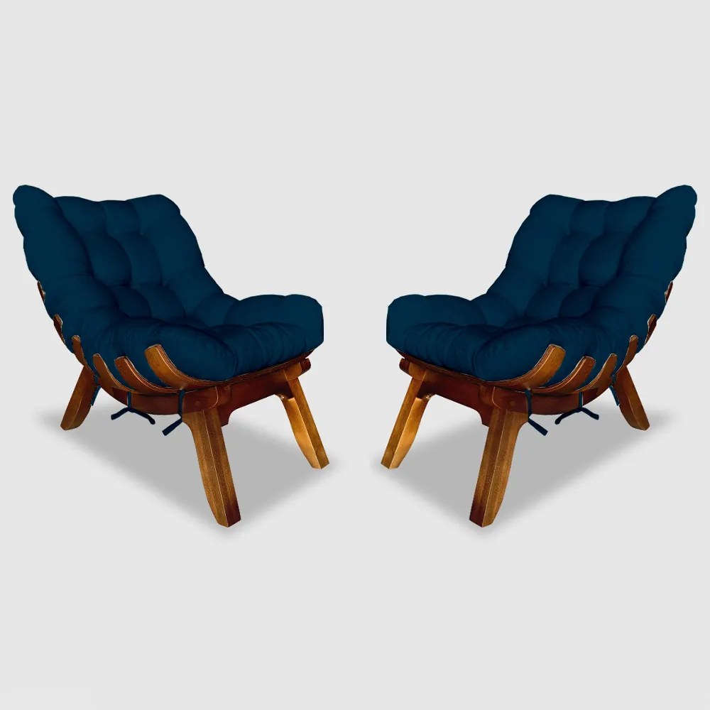 Conjunto 2 Poltrona Decorativa Costela Veludo Azul Marinho