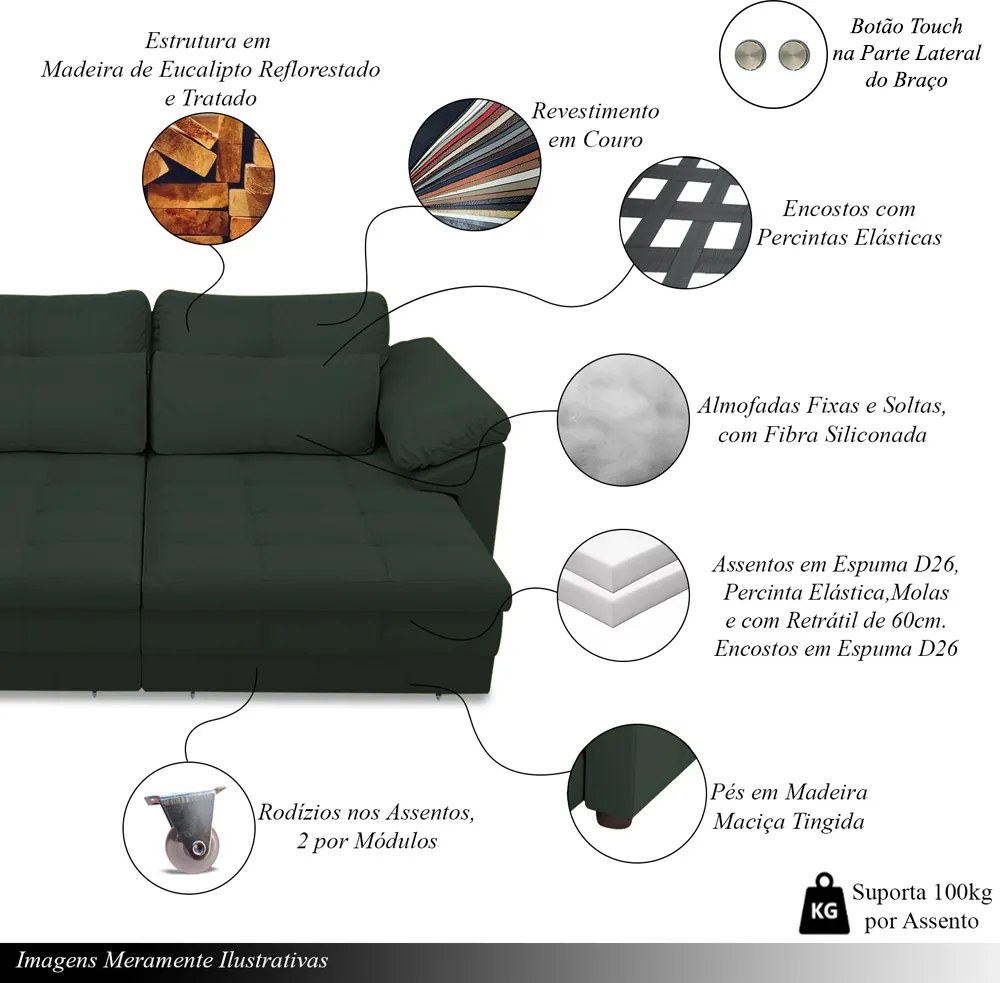 Sofá Retrátil Elétrico Sala de Estar Nolan Bipartido 297cm Conforto Premium em Couro Verde G58 - Gran Belo