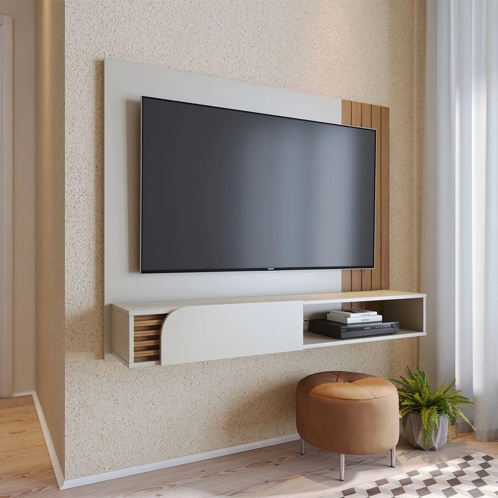 Painel TV 60 Pol 160cm Bancada Suspensa Ripado Hanno C04 - D'Rossi - Off White Matte e Freijó