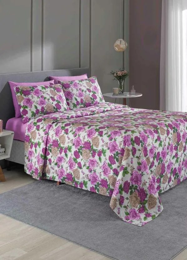 Jogo de Cama 150 Fios Floral Rosa King 4 Peças