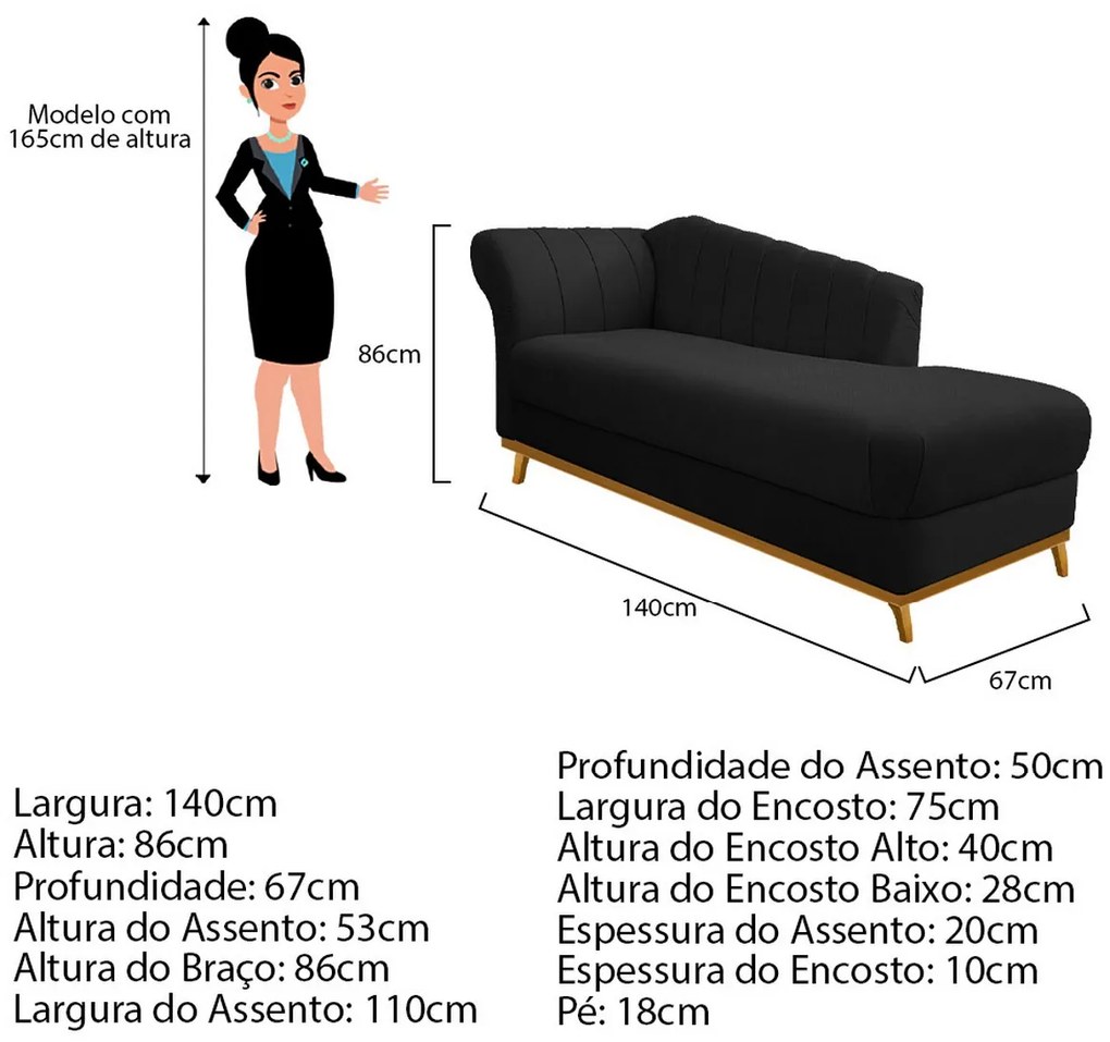 Recamier Vanessa 140cm Lado Esquerdo Suede Preto - ADJ Decor
