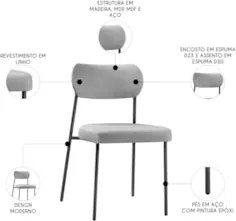 Cadeira Jantar Estofada Pé Metal Preto Lavy Linho Cinza S08 - Mpozenat