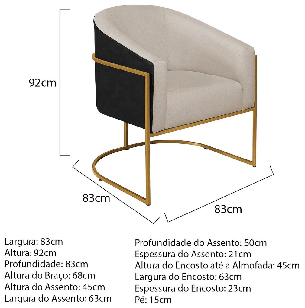 Kit 02 Poltronas Luiza Base de Ferro Dourado Factor Preto e Linho - ADJ Decor