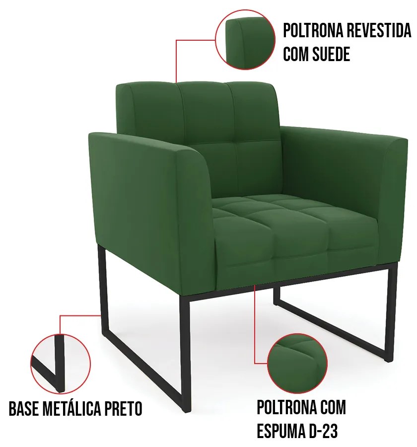 Kit 2 Poltronas Elisa Suede Base Metálica Industrial Preto D03 - D'Rossi - Verde