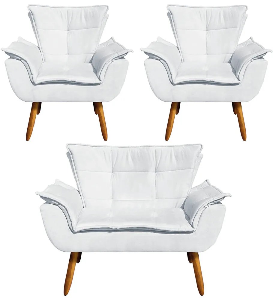Namoradeira e 2 Poltronas Pé Palito Castanho Opala Suede - Cinza