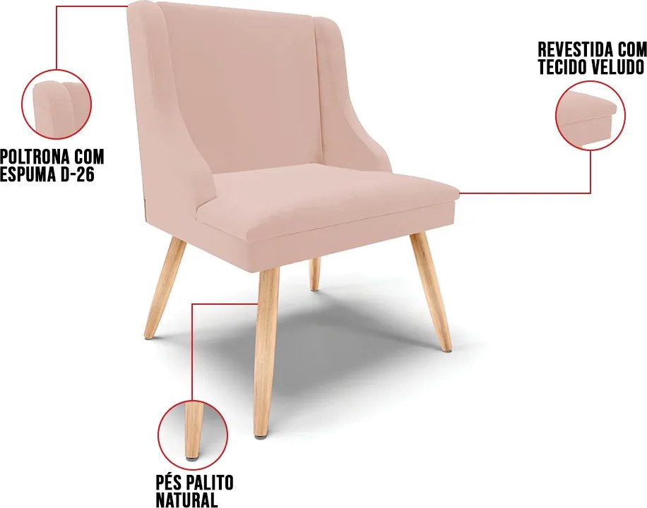 Kit 08 Cadeiras de Jantar Liz Veludo Rosê Pés Palito Natural D03 - D'Rossi