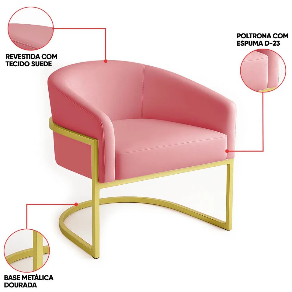 Poltrona Sala Decorativa Industrial Dourada Kit 2 Arielle Suede D03 - D'Rossi - Rose