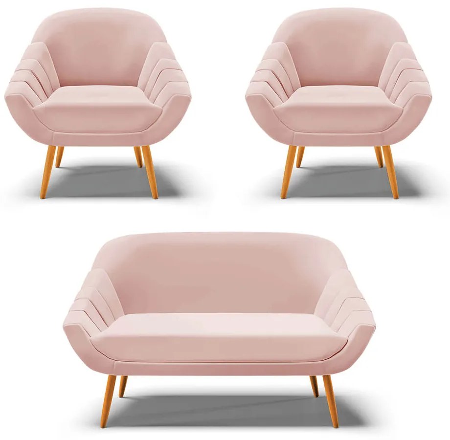 Kit 01 Namoradeira 02 Lugares e 02 Poltronas Giovana Veludo Pés Palito Castanho D03 - D'Rossi - Rose
