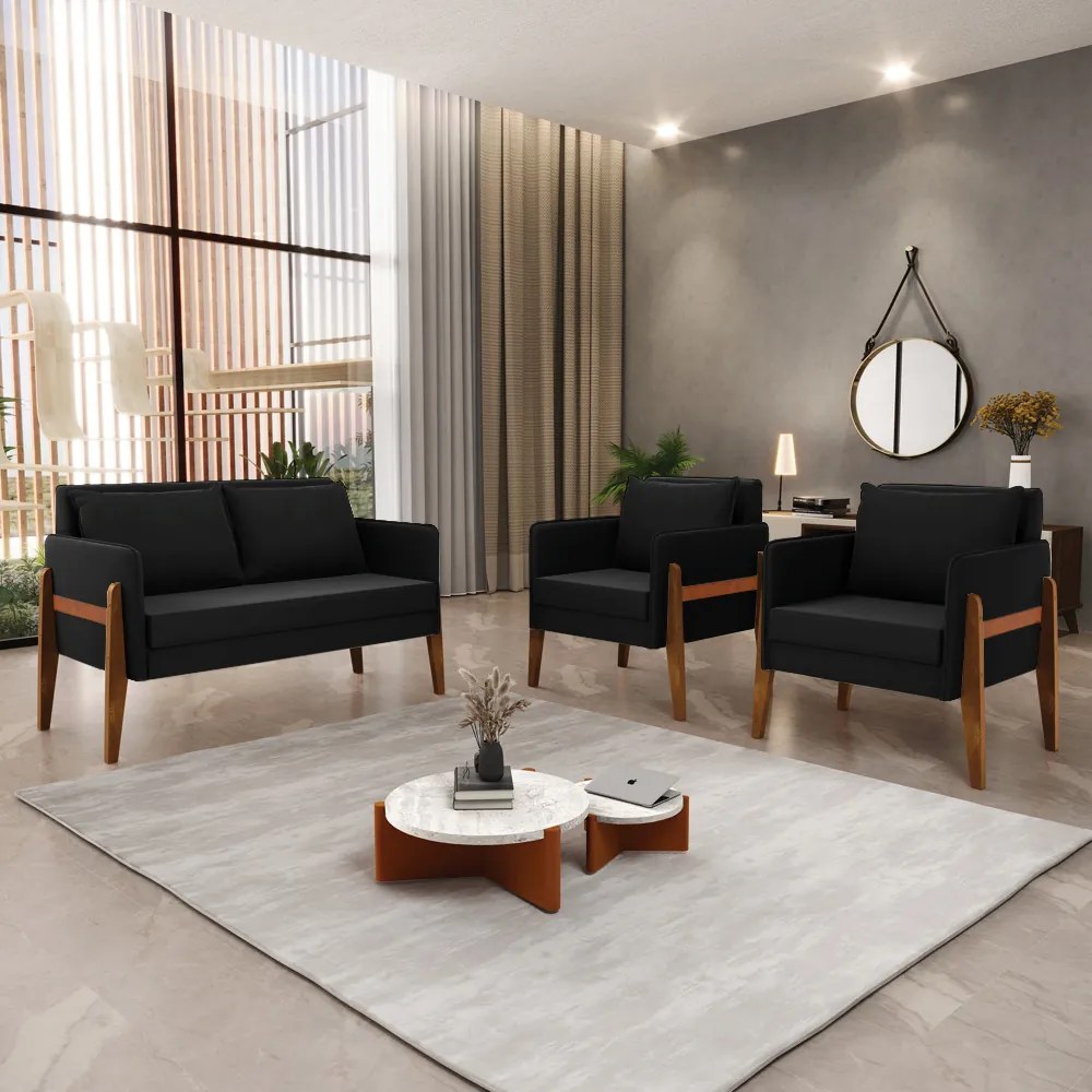 Kit 1 Sofá Namoradeira e 2 Poltronas Lana Suede Preto Base de Madeira - D'Rossi
