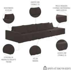 Sofá Ilha Modular com Puff para Sala Living 392cm Georgia Z08 Veludo M