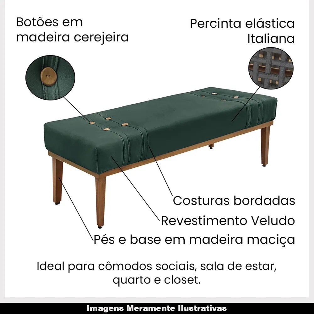 Recamier Decorativo 140cm Kors Veludo Pés de Madeira Verde Floresta G63 - Gran Belo