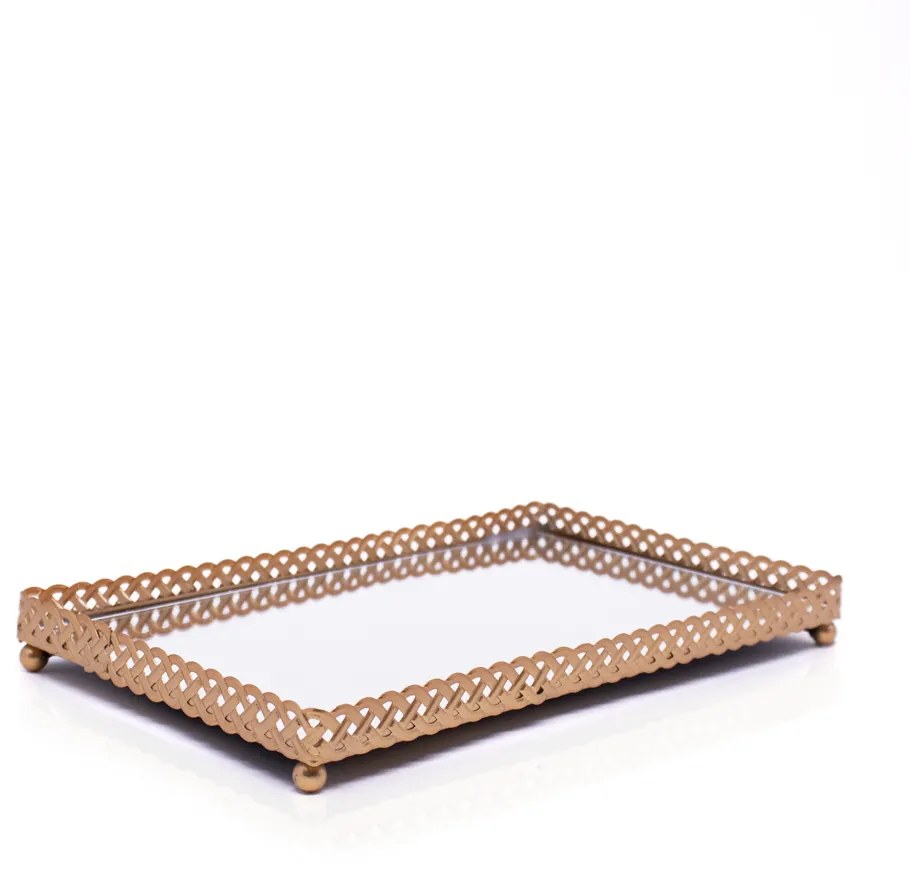 Bandeja Decorativa Retangular Em Metal Rose Com Espelho 2x25x15 cm - Indo Decorar