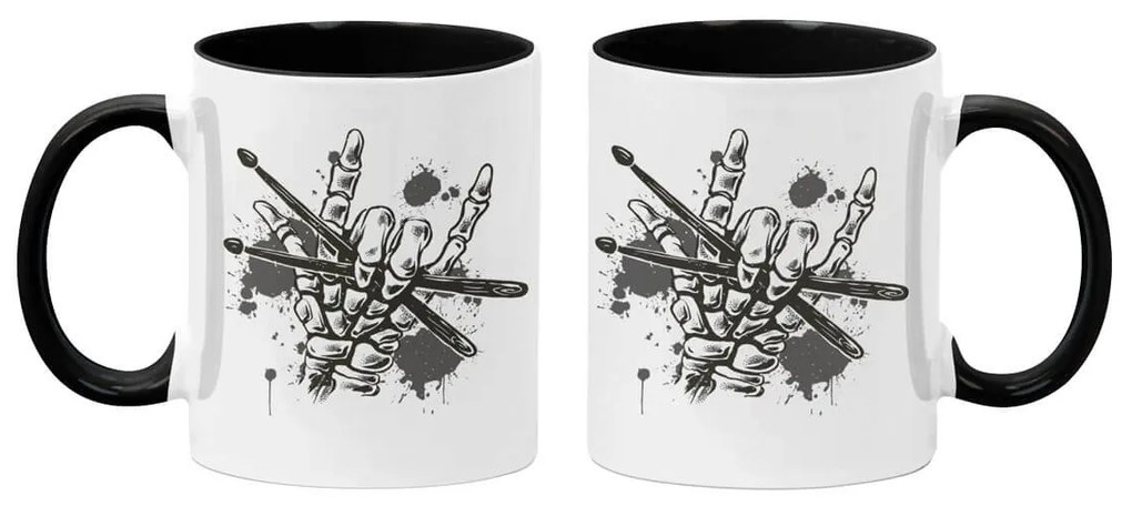Caneca Caveira Rock Baquetas Branca com Alça Preta