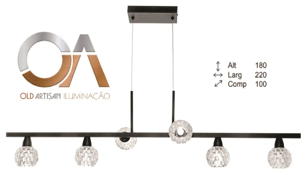Pendente Retangular 100X22X18Cm Metal E Vidro Cristal Ø8Cm 06Xg9 | Old... (COBRE FOSCO / COBRE BRILHO, CLEAR (TRANSPARENTE))