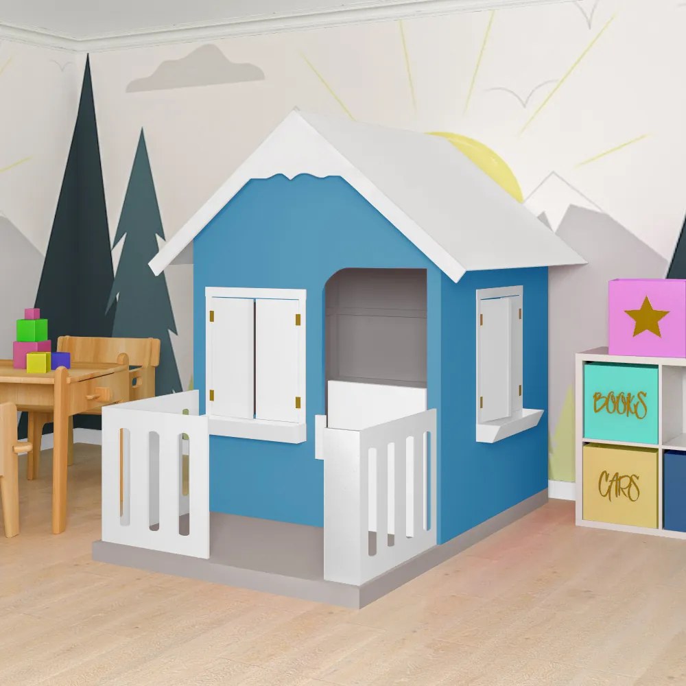 Casinha De Brinquedo Com Cercado Floreiros MDF Azul Claro/Branco L12 - Gran Belo