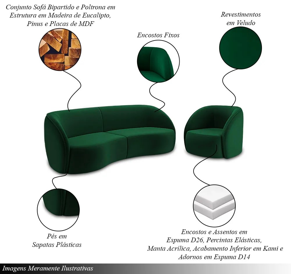 Conjunto Sofá Sala de Estar Bipartido 318cm e 2 Poltronas Clarke Veludo Verde G45 - Gran Belo