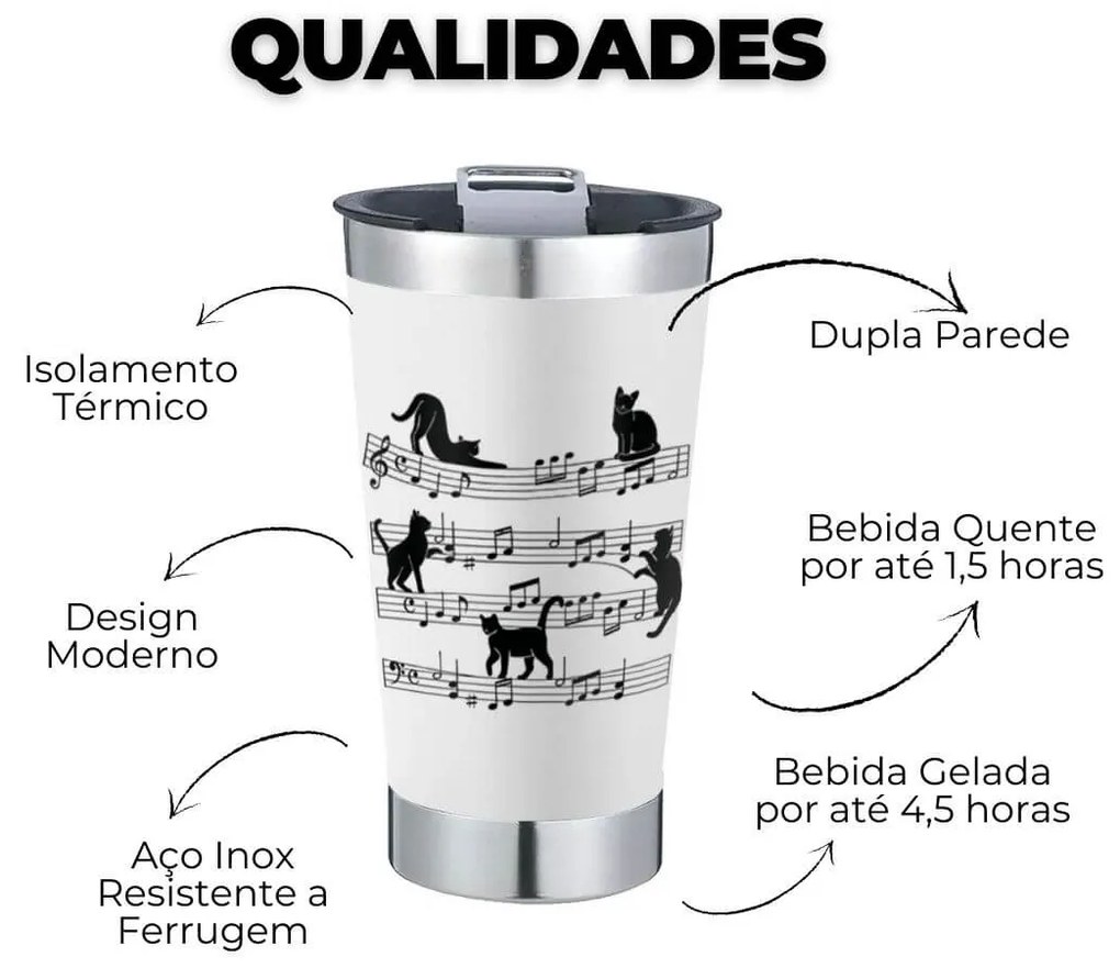 Copo Térmico Gato Musical Branco Com Tampa e Abridor Chopp
