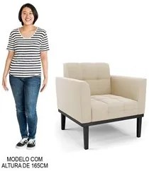 Sofá Namoradeira e 2 Poltronas Base Madeira Preto Ana Suede Bege - Ibi