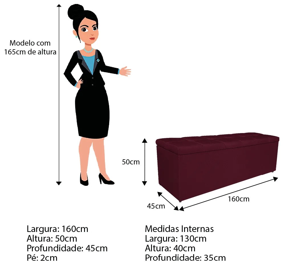Calçadeira Estofada Manchester 160 cm Queen Size Suede Bordô - ADJ Decor
