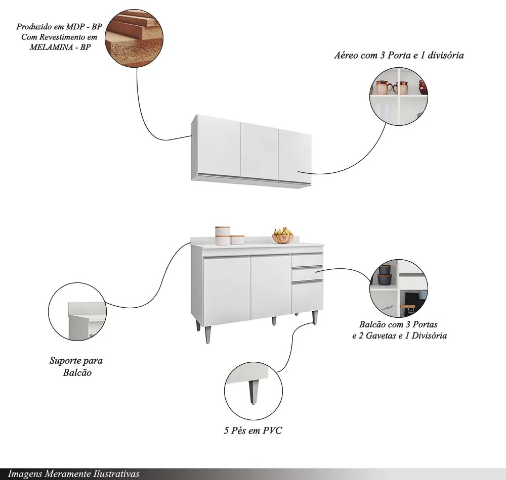 Conjunto Balcão de Cozinha Pursat com Tampo e Armário Aéreo MDP/BP Branco G96 - Gran Belo