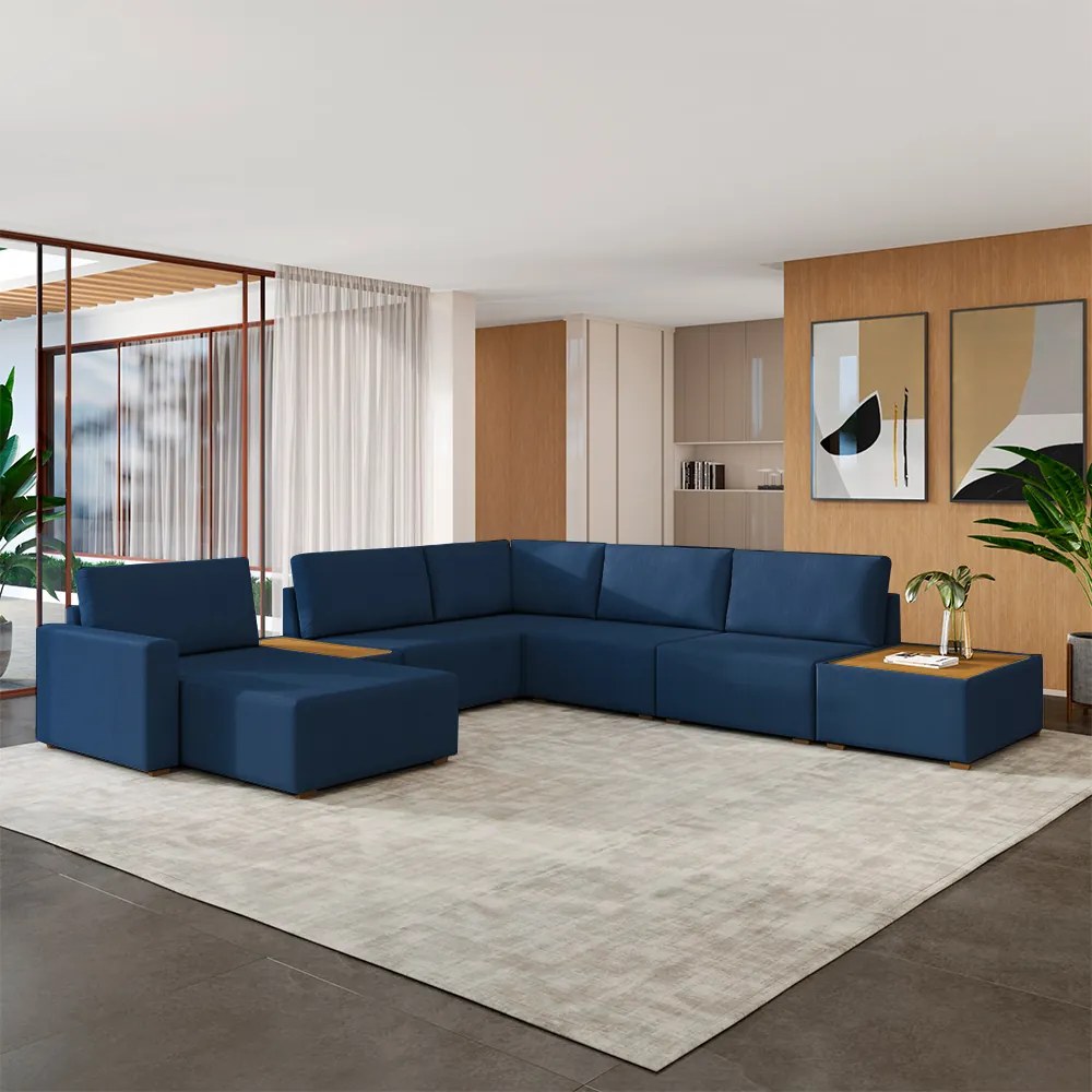Sofá de Canto Decorativo Sala de Estar 603cm Modulado Takashi com Chaise e Puffs Bouclê Azul Petróleo G45 - Gran Belo