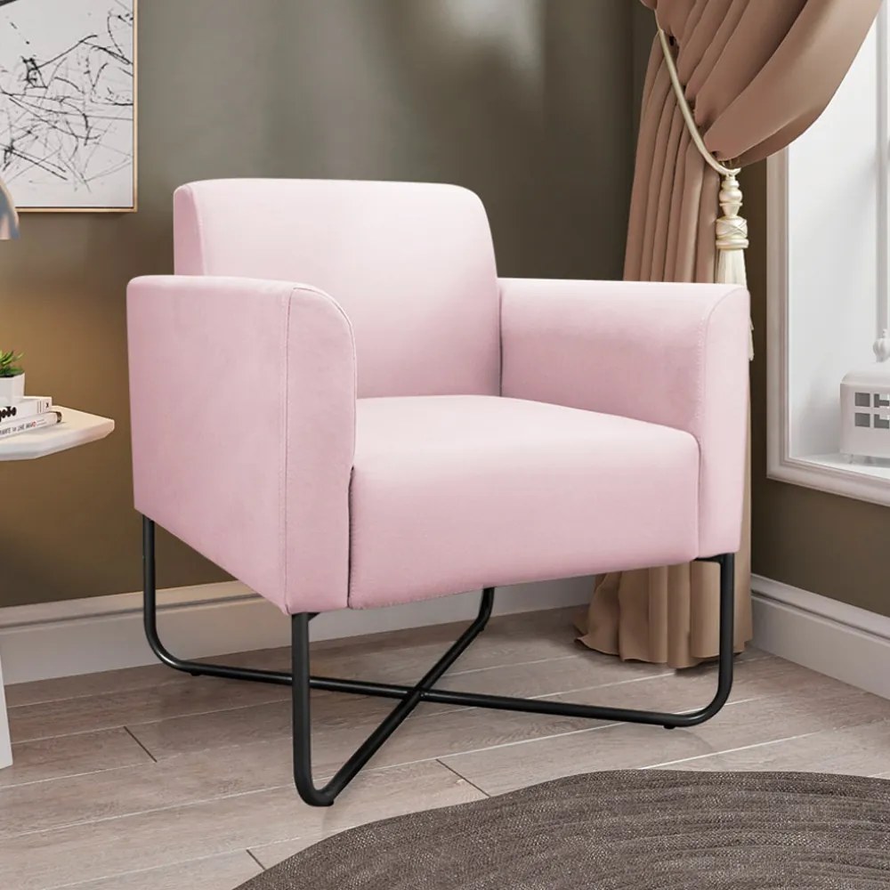 Kit 2 Poltronas Decorativas Isabella Base X Suede Rosa Bebê/Preto G19 - Gran Belo